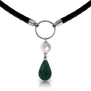 10.8 Carat 14K Solid White Gold Leather Necklace Pearl Emerald