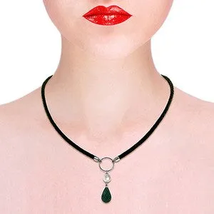 10.8 Carat 14K Solid White Gold Leather Necklace Pearl Emerald