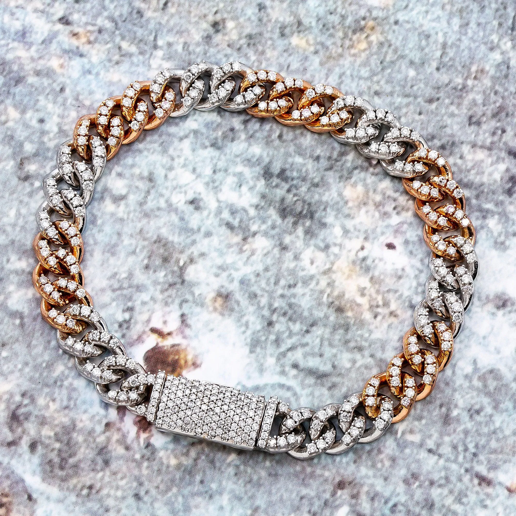 10K ROSE AND WHITE GOLD CUBAN BRACELET WITH 5.90 CT DIAMONDS