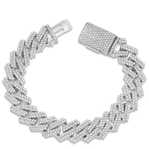 10K White Gold 13.6ct Prong set Diamond 16mm Cuban Bracelet