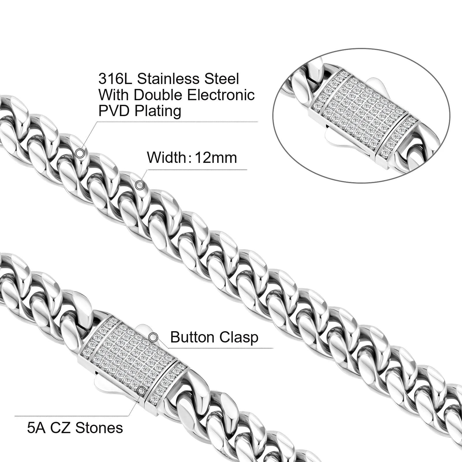 12mm Iced Out Clasp Cuban Link Chain and Bracelet Set in White Gold KRKC