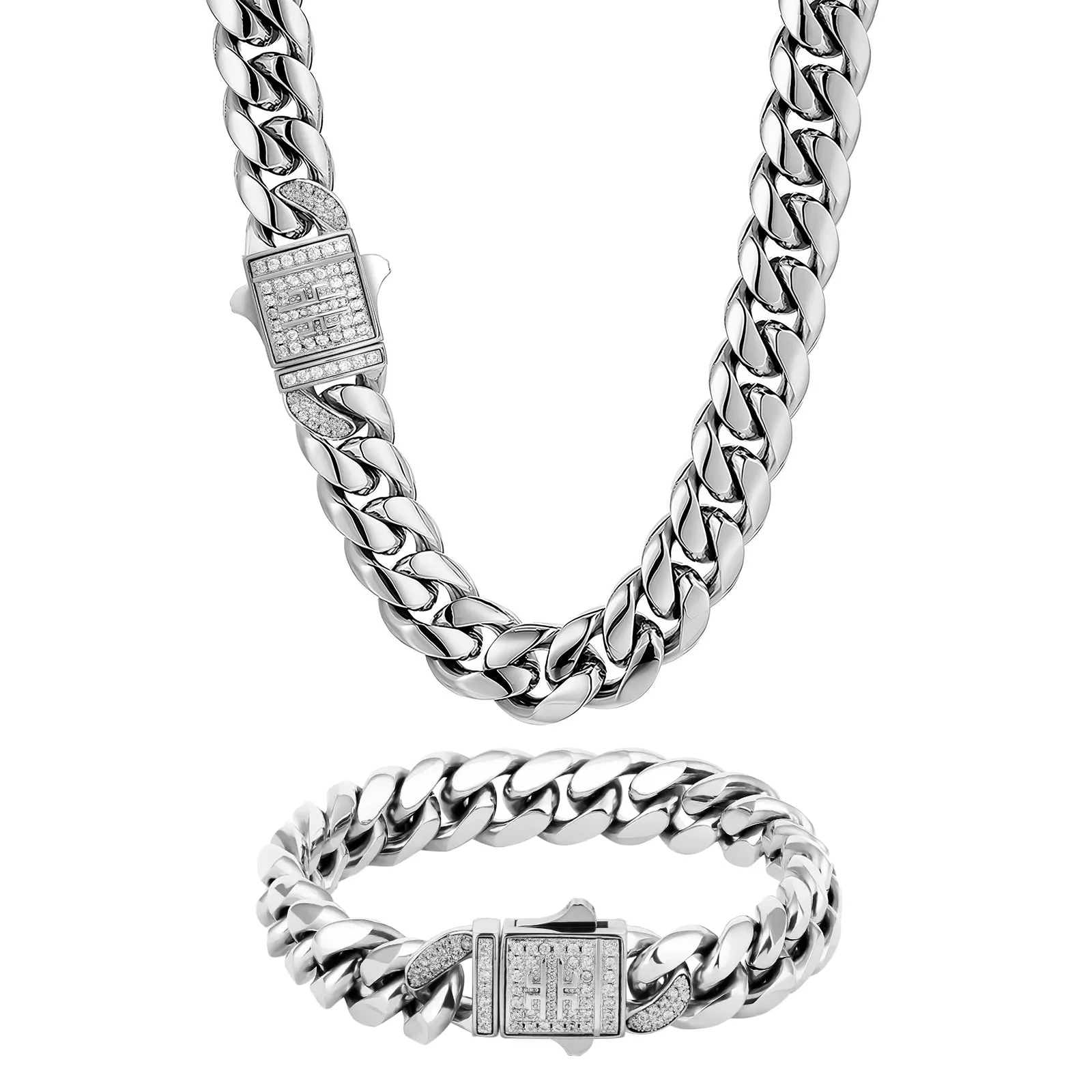 12mm Iced Out Clasp Cuban Link Chain and Bracelet Set in White Gold KRKC