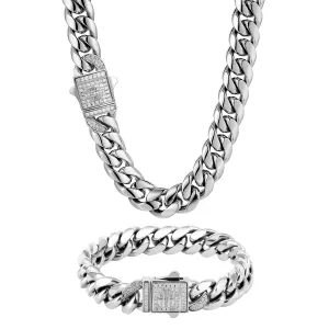 12mm Iced Out Clasp Cuban Link Chain and Bracelet Set in White Gold KRKC