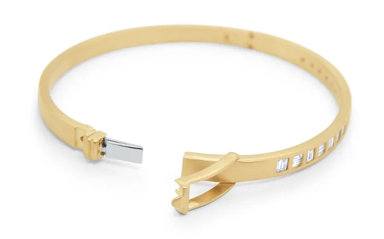 14k Matte Yellow Gold Baguette Diamond Bangle Bracelet (I8334)