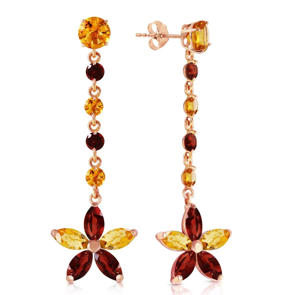 14K Solid Rose Gold Chandelier Flower Citrine & Garnet Earrings