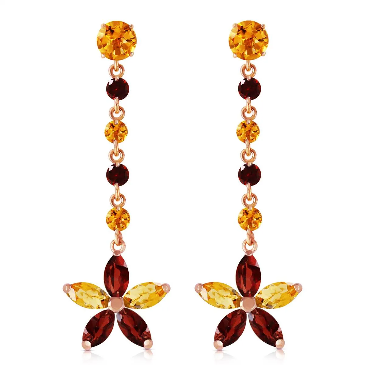 14K Solid Rose Gold Chandelier Flower Citrine & Garnet Earrings