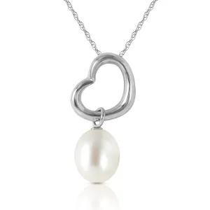 14K Solid White Gold Heart Necklace w/ Dangling Natural Pearl