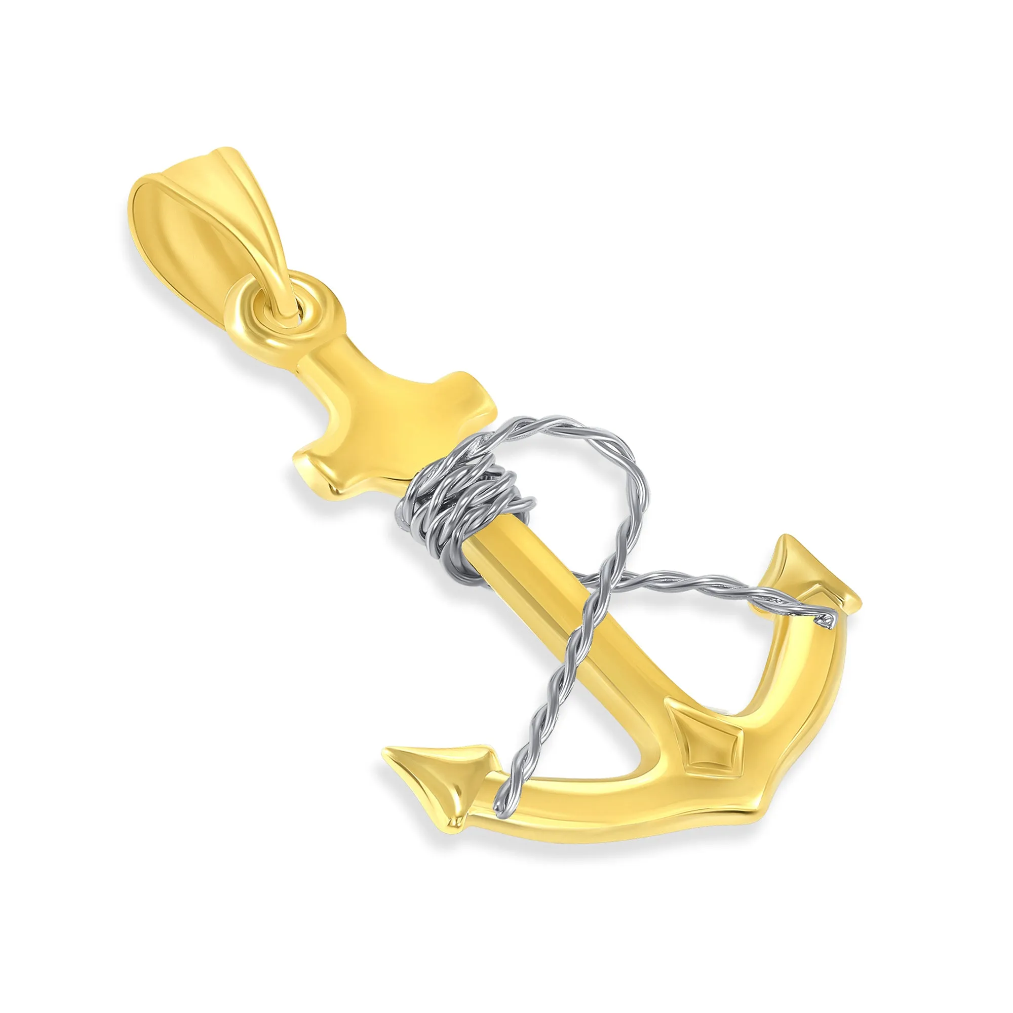 14k Two-Tone Gold 3D Anchor with Rope Pendant