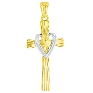 14K Two Tone Gold Textured Cross with Heart Charm Pendant with High Polish