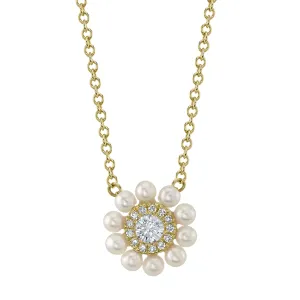 14K Yellow Gold Diamond and Cultured Pearl Necklace