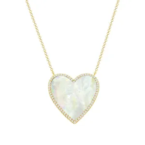 14K Yellow Gold Diamond   Mother Of Pearl Large Heart  Necklace