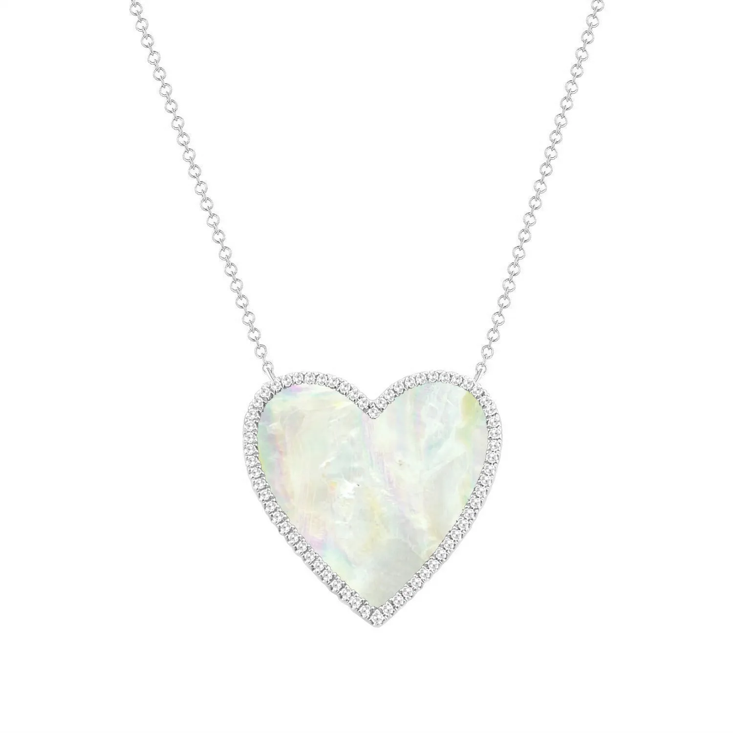 14K Yellow Gold Diamond   Mother Of Pearl Large Heart  Necklace