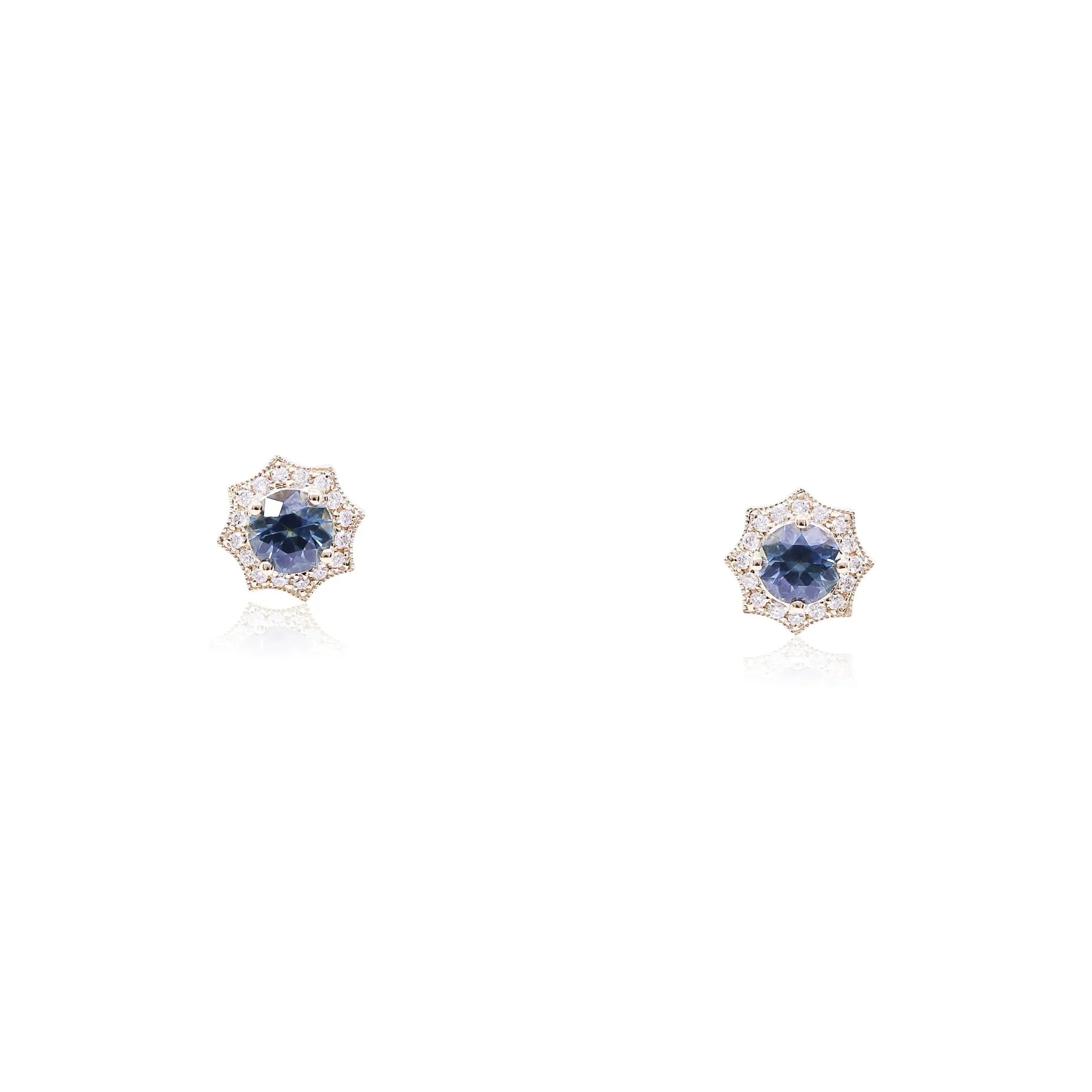 14K YELLOW GOLD MONTANA BLUE SAPPHIRE DIAMOND HALO STUD EARRINGS WITH SCALLOPED EDGING