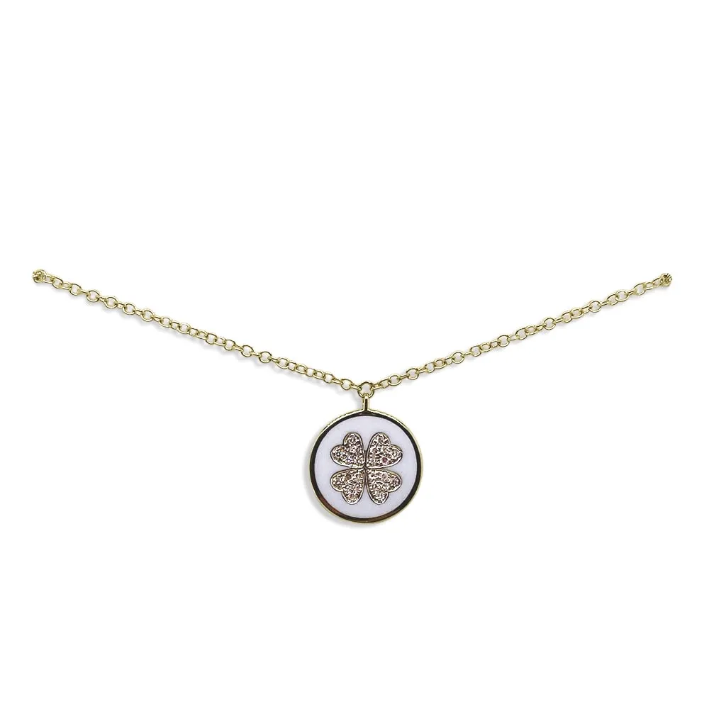 14K Yellow Gold Necklace with Diamond Clover on White Enamel