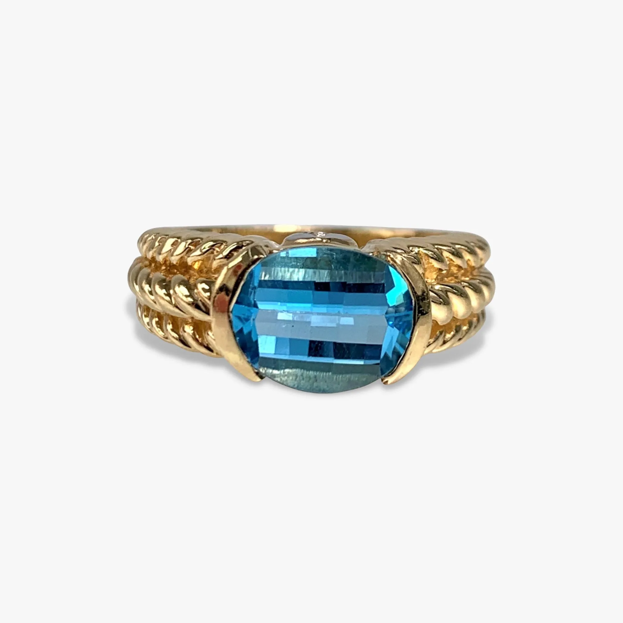 14k Yellow Gold Oval Blue Topaz Vintage Signet Ring