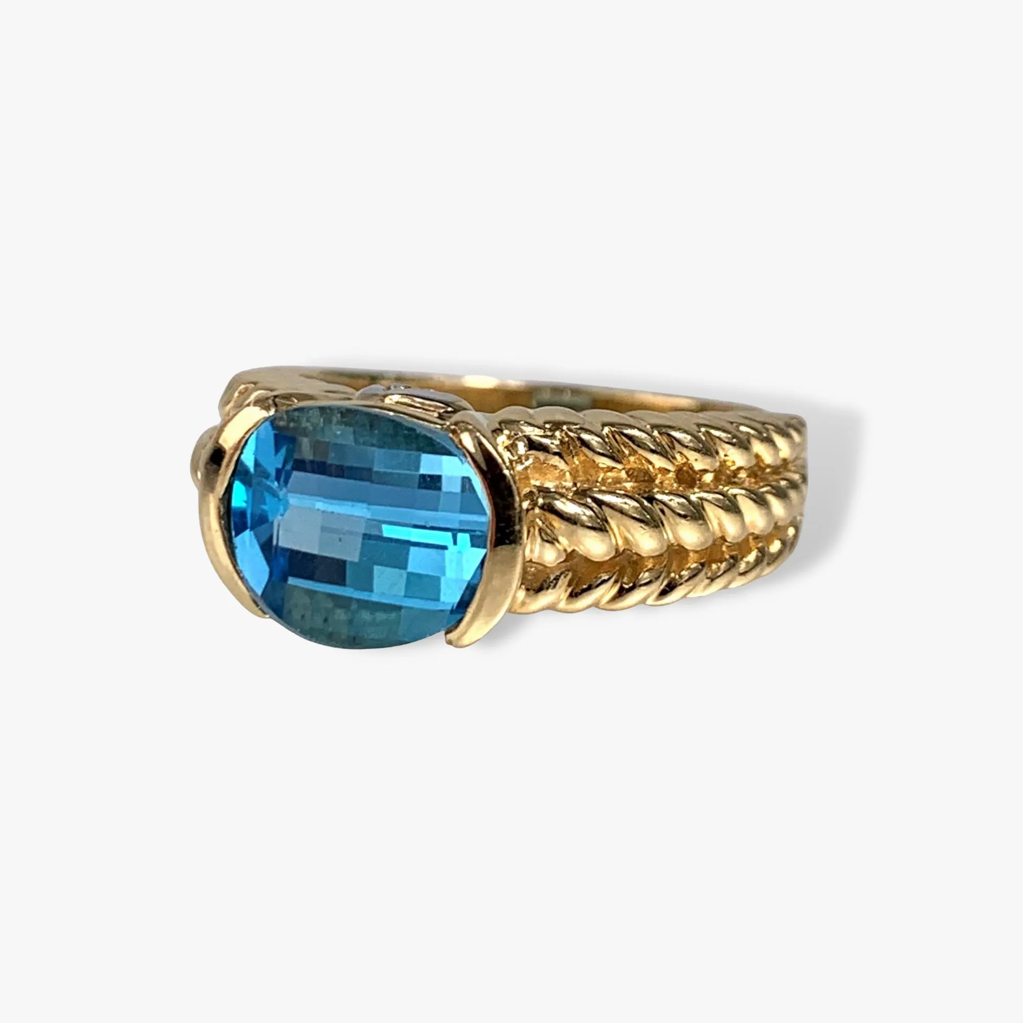 14k Yellow Gold Oval Blue Topaz Vintage Signet Ring