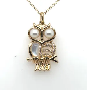 14K Yellow Gole Pearl, Mother of Pearl and Diamond Owl Pendant