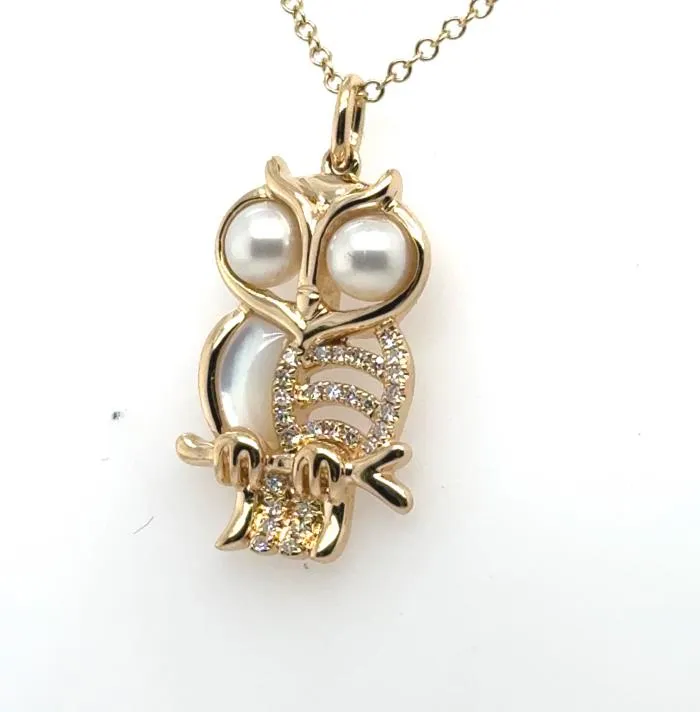 14K Yellow Gole Pearl, Mother of Pearl and Diamond Owl Pendant