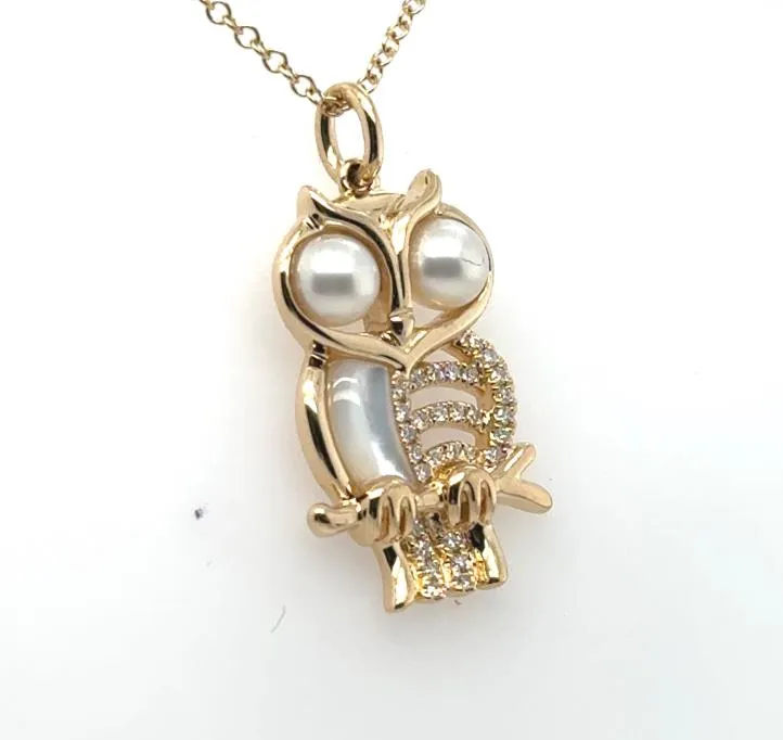 14K Yellow Gole Pearl, Mother of Pearl and Diamond Owl Pendant