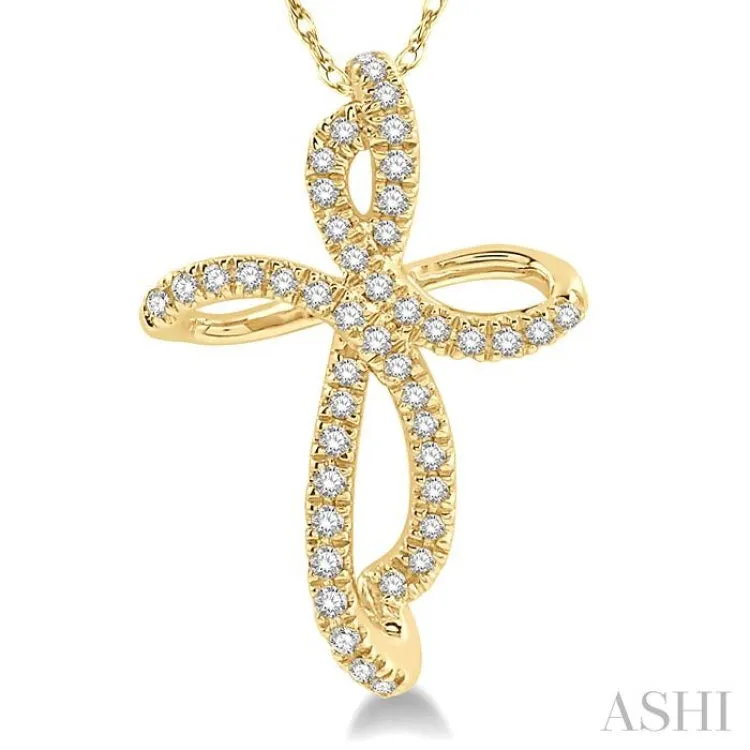 1/6 Ctw Twirl Pattern Cross Round Cut Diamond Pendant With Link Chain in 10K Yellow Gold