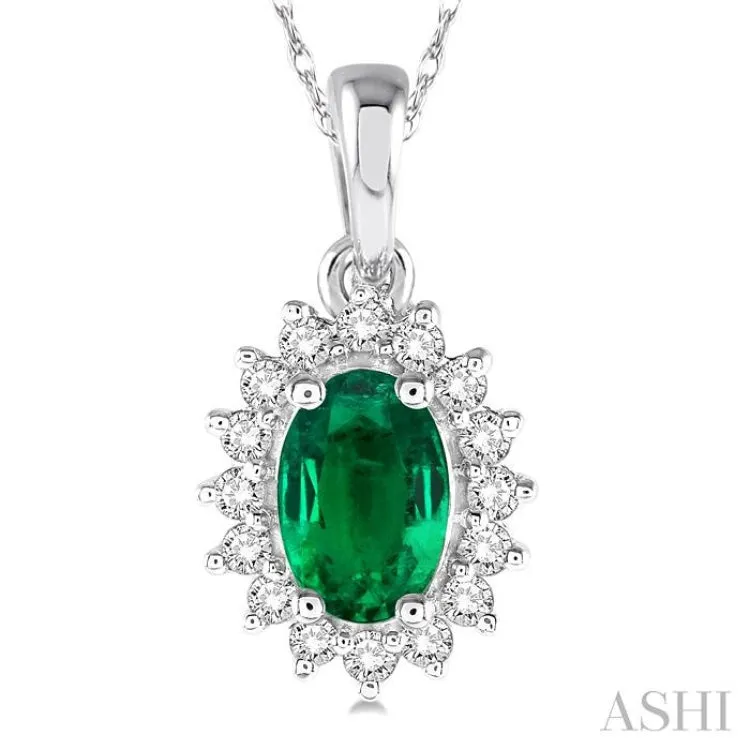 1/8 Ctw Round Cut Diamond and Oval Cut 6x4 MM Emerald Center Sunflower Precious Pendant in 10K White Gold with chain