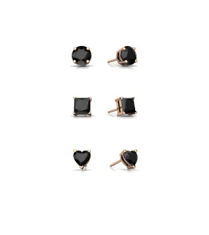 18k Rose Gold Plated 6mm Created Black Sapphire 3 Pair Round, Square and Heart Stud Earrings