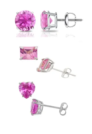 18k White Gold Plated 6mm Created Pink Sapphire 3 Pair Round, Square and Heart Stud Earrings