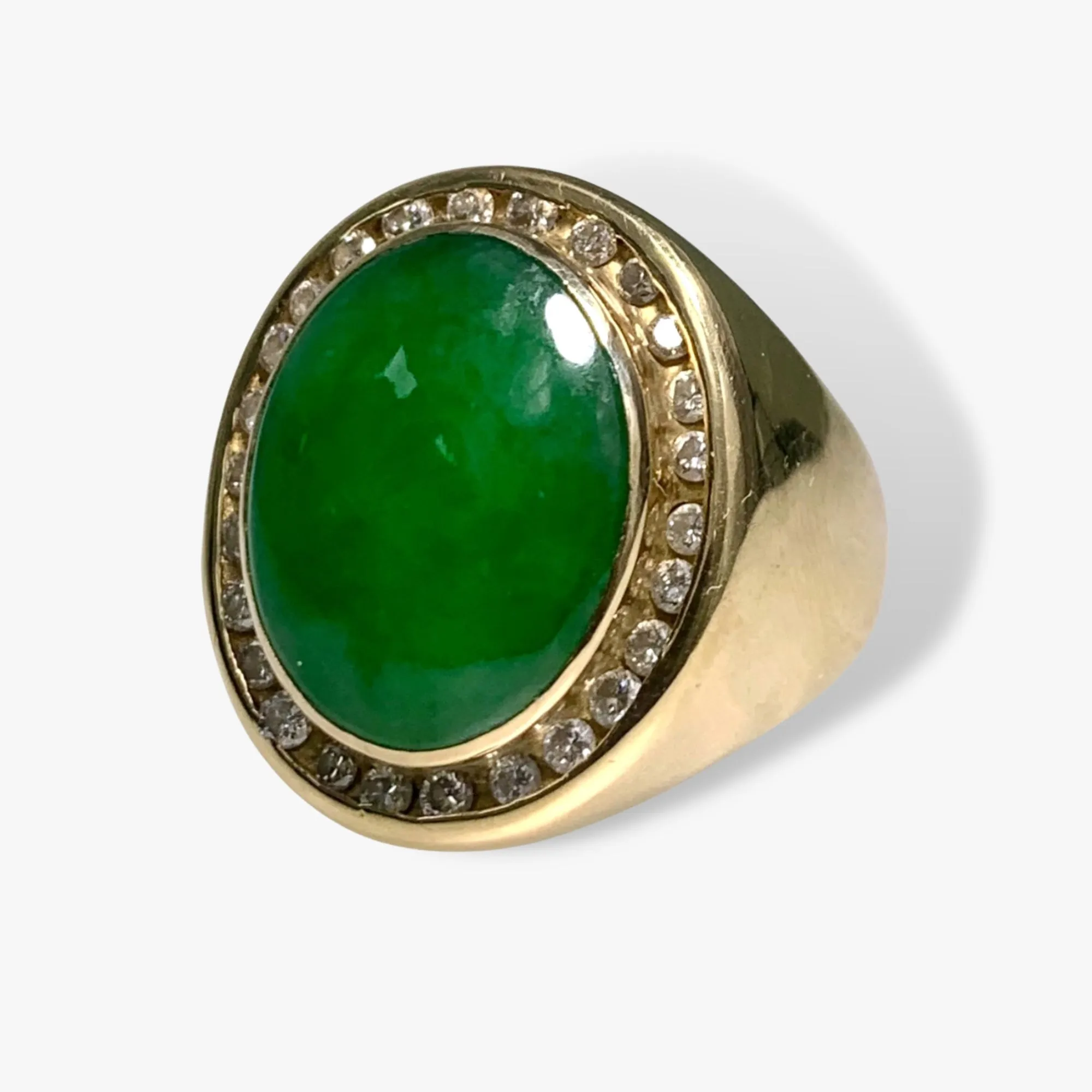 18k Yellow Gold Cabochon Cut Green Jade and Diamond Vintage Signet Ring