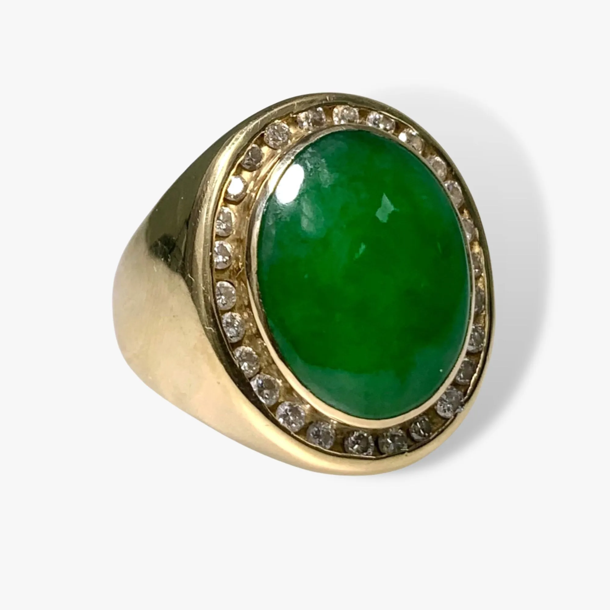 18k Yellow Gold Cabochon Cut Green Jade and Diamond Vintage Signet Ring