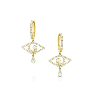 18K Yellow Gold Diamond Chandelier Evil Eye Drop Earrings