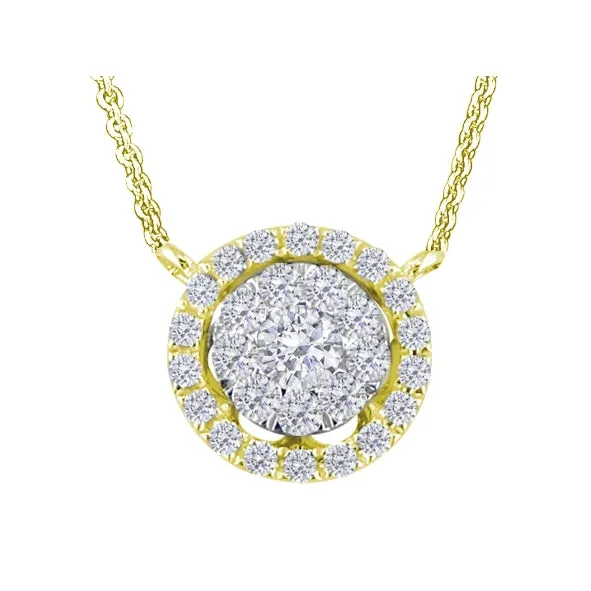 18K Yellow Gold Necklace with Round Shaped Diamond Cluster Pendant with Halo