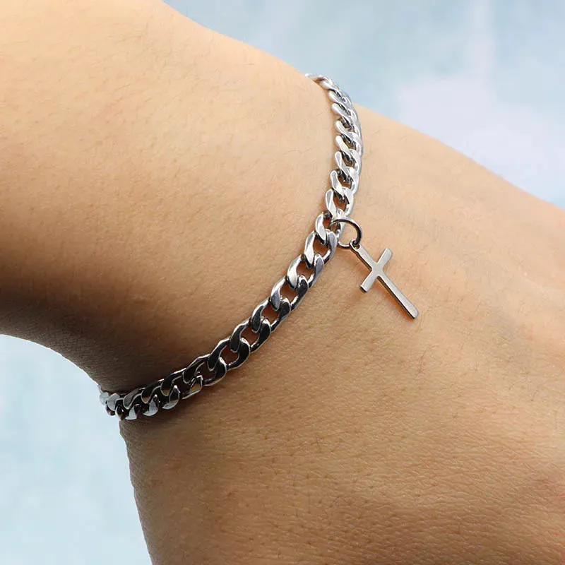 2023 Luxury Jesus Cross Pendant Stainless Steel Cuban Chain Women Bracelet  Charms Wrist Wear Jewelry Gift For Girl Friend