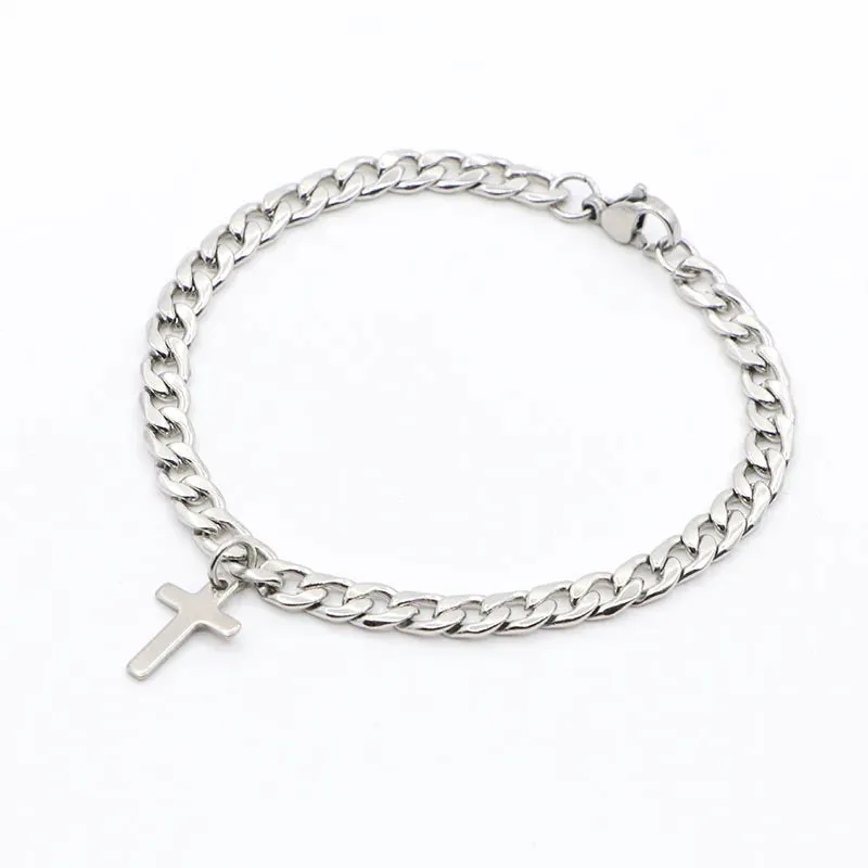 2023 Luxury Jesus Cross Pendant Stainless Steel Cuban Chain Women Bracelet  Charms Wrist Wear Jewelry Gift For Girl Friend