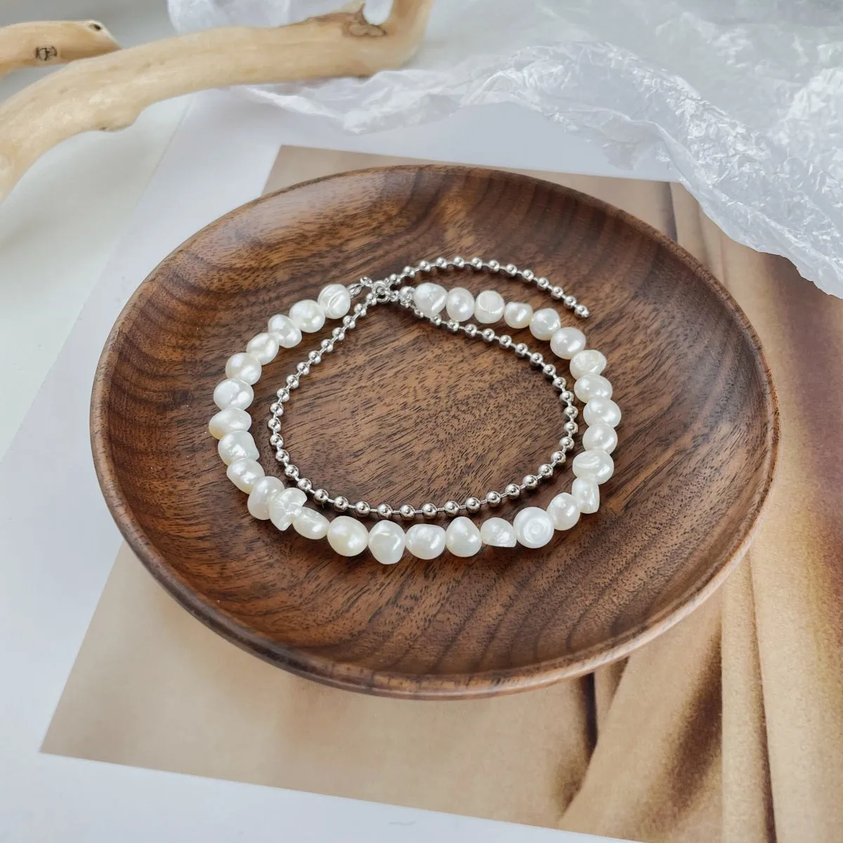 36cm-45cm Mixed Bead Chain & Freshwater Pearl Choker Necklace