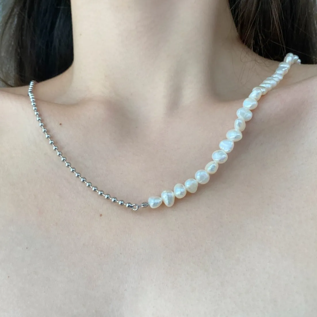 36cm-45cm Mixed Bead Chain & Freshwater Pearl Choker Necklace