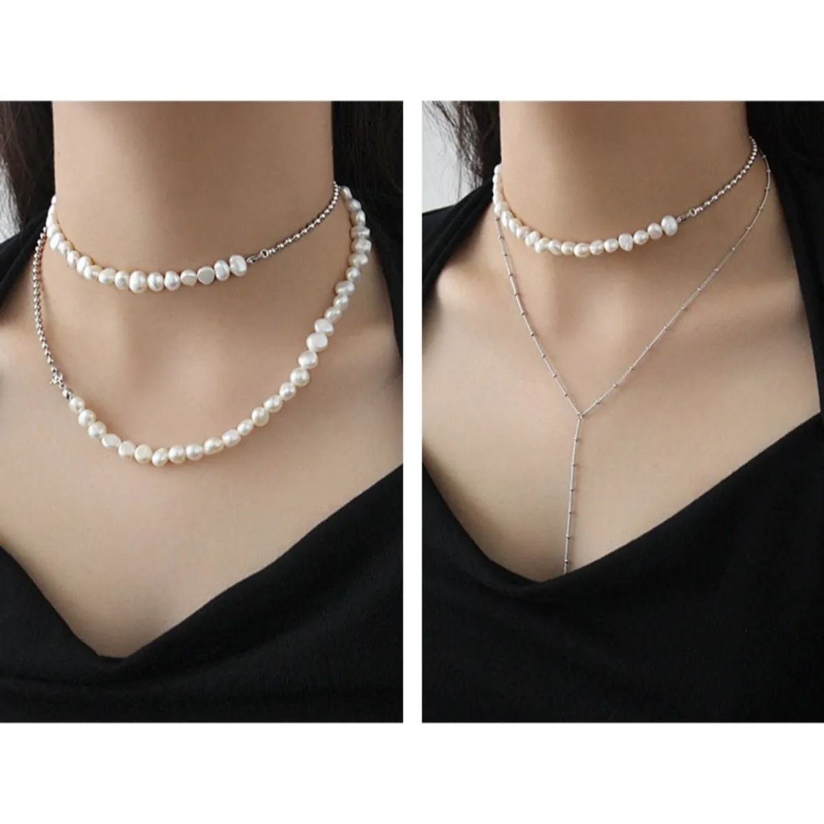 36cm-45cm Mixed Bead Chain & Freshwater Pearl Choker Necklace