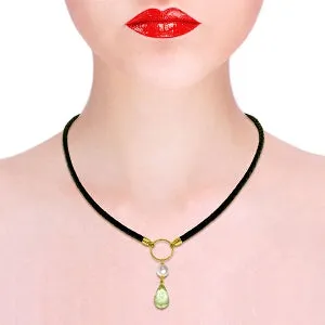 7.5 Carat 14K Solid Yellow Gold Leather Necklace Pearl Green Amethyst