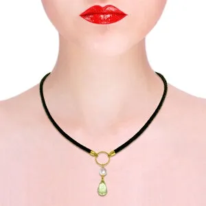 7.5 Carat 14K Solid Yellow Gold Leather Necklace Pearl Green Amethyst