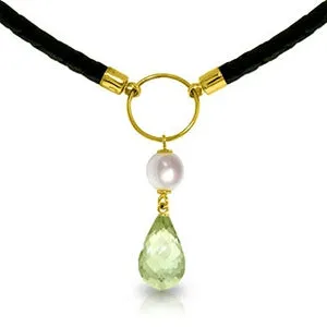 7.5 Carat 14K Solid Yellow Gold Leather Necklace Pearl Green Amethyst