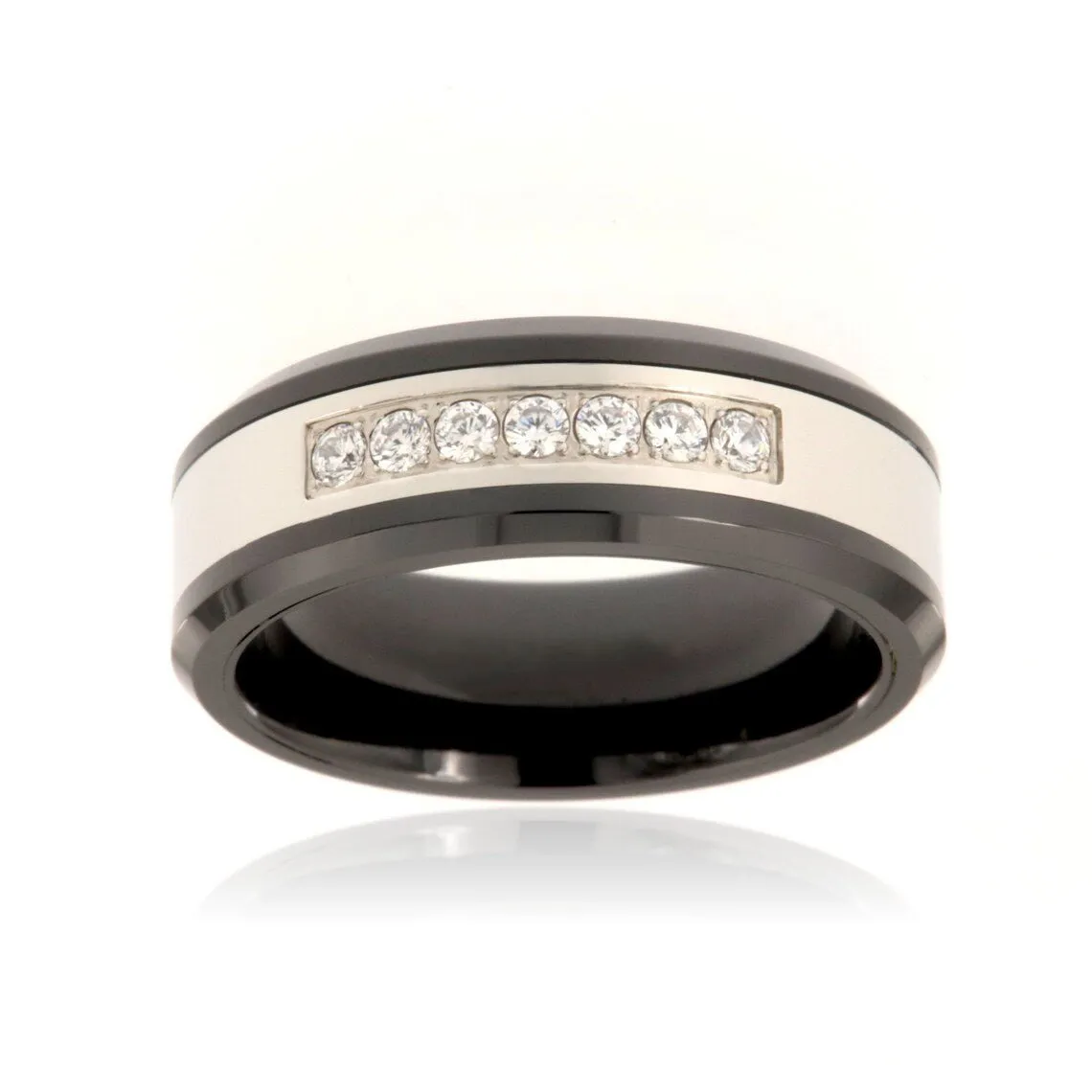 8mm Tungsten Carbide Men's Ring With Two Tone High Polish Finish, Beveled Edges And AAA Zircon Inlay - FREE Personalization