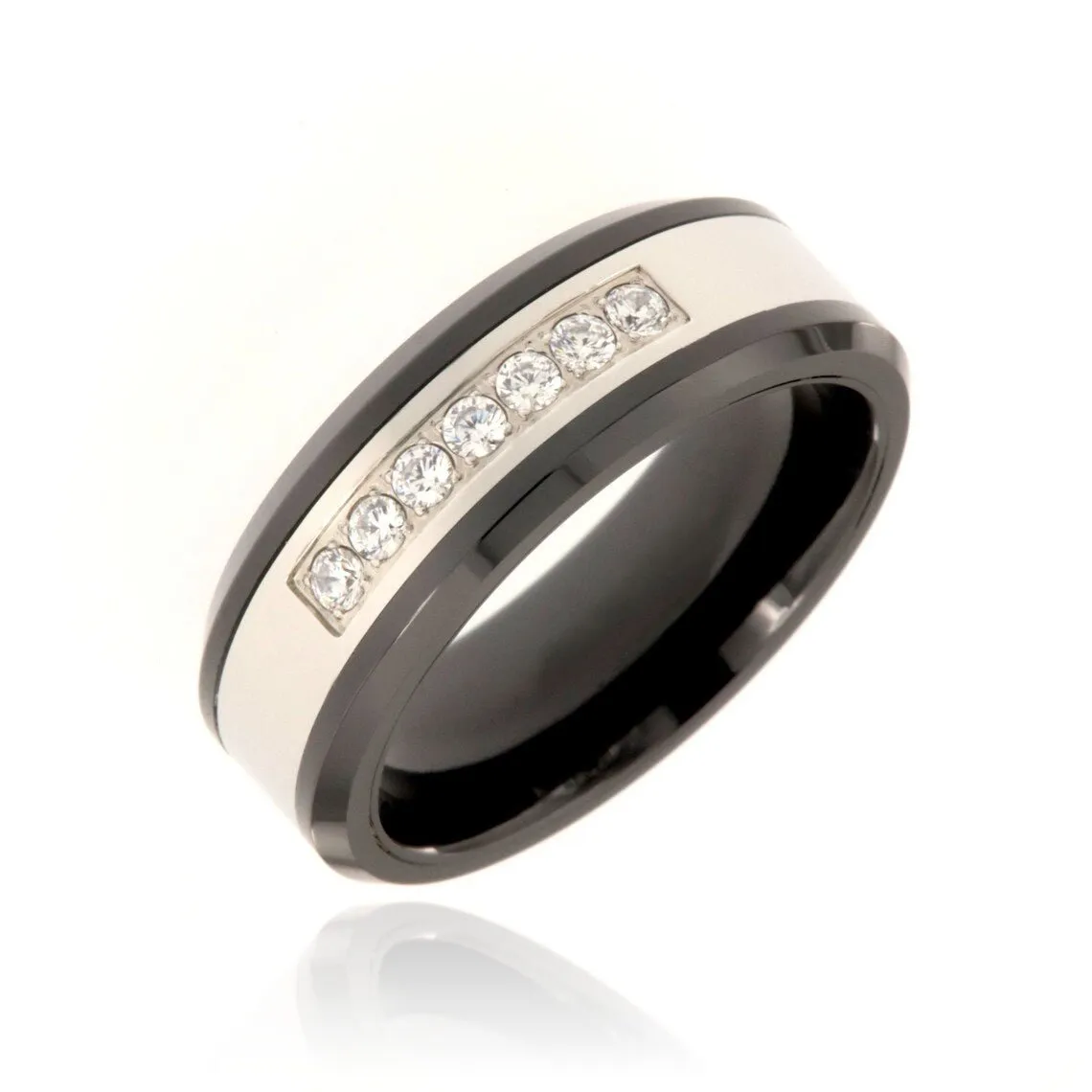 8mm Tungsten Carbide Men's Ring With Two Tone High Polish Finish, Beveled Edges And AAA Zircon Inlay - FREE Personalization