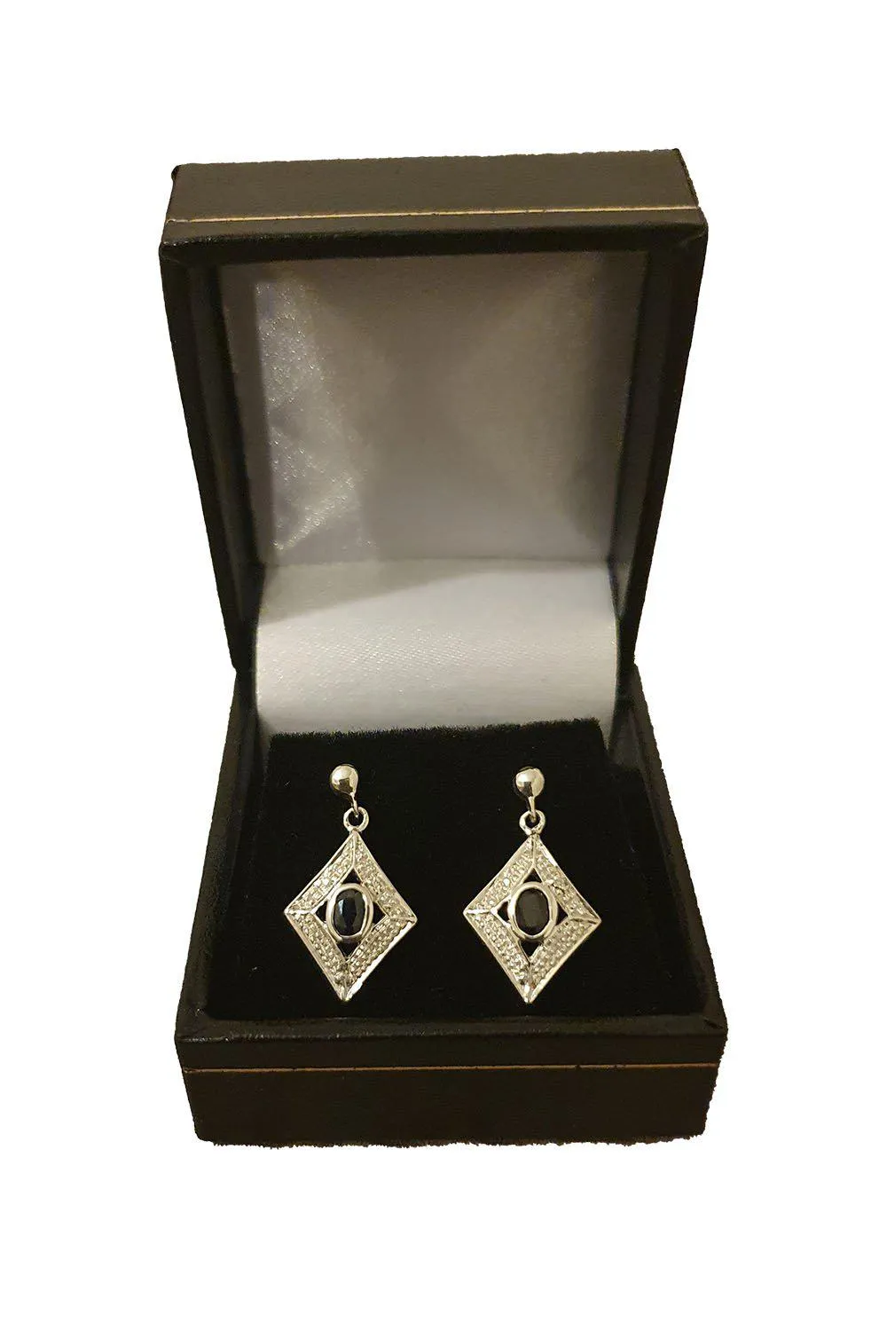 925 STERLING SILVER Unbranded Diamond Shaped Black Sapphire Earrings (0.7")