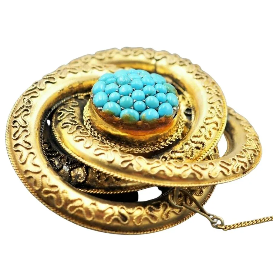 9ct Embossed Yellow Gold Turquoise Brooch