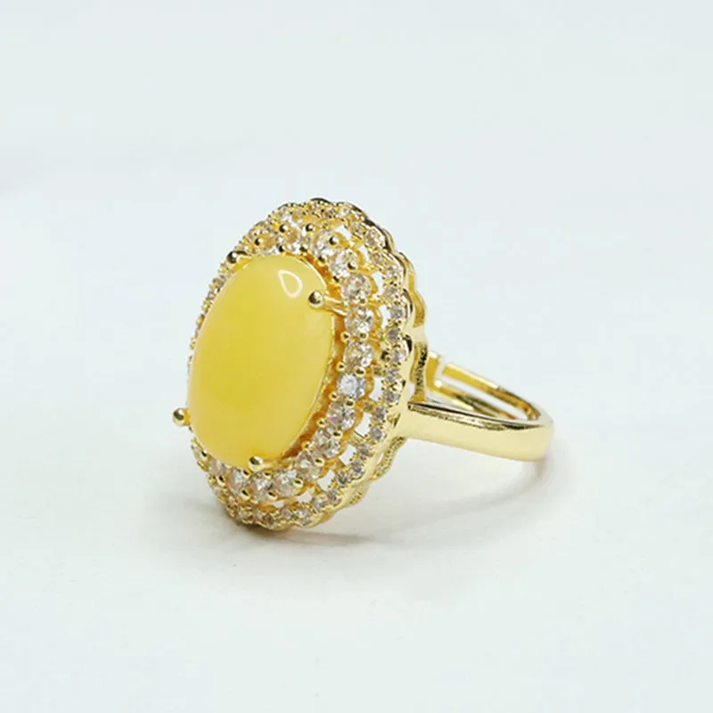 Amber Halo Ring with Zircon Accent and Sterling Silver Band