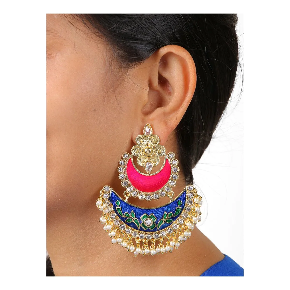 Anoushka Bollywood Dangler Chaand Bali Meenakari Pearl Kundan Earring