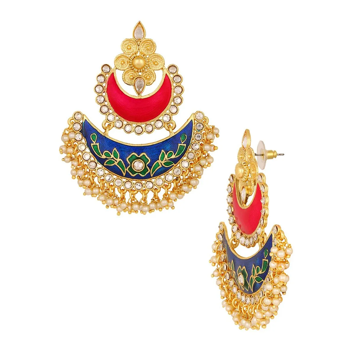 Anoushka Bollywood Dangler Chaand Bali Meenakari Pearl Kundan Earring