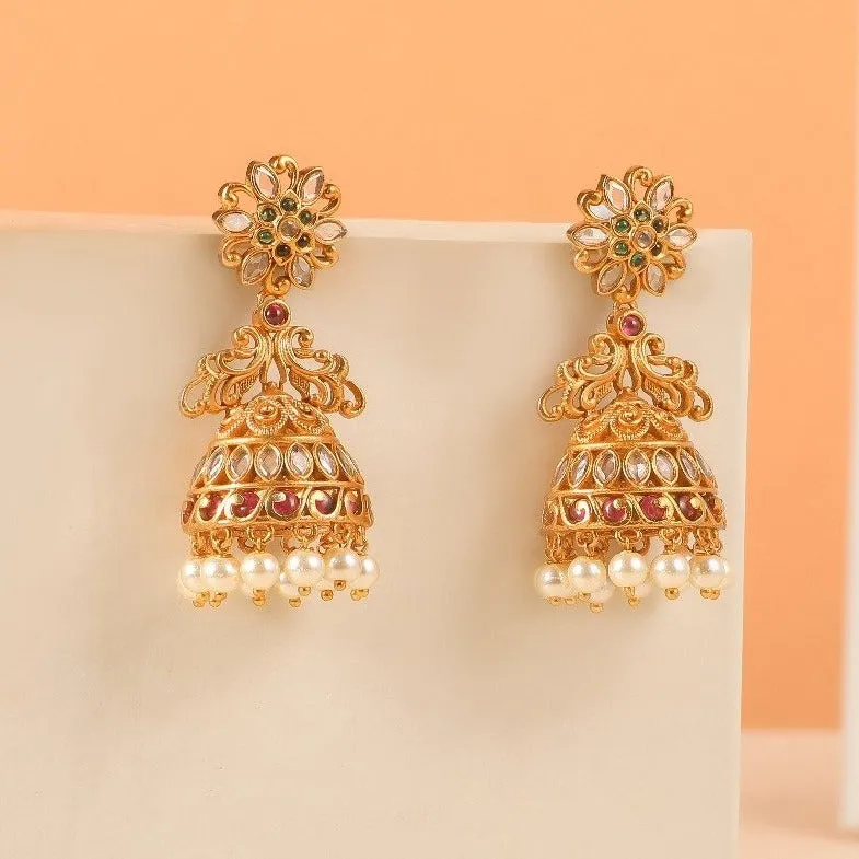 Antique Gold Plated Floral Peacock Jhumki Earrings