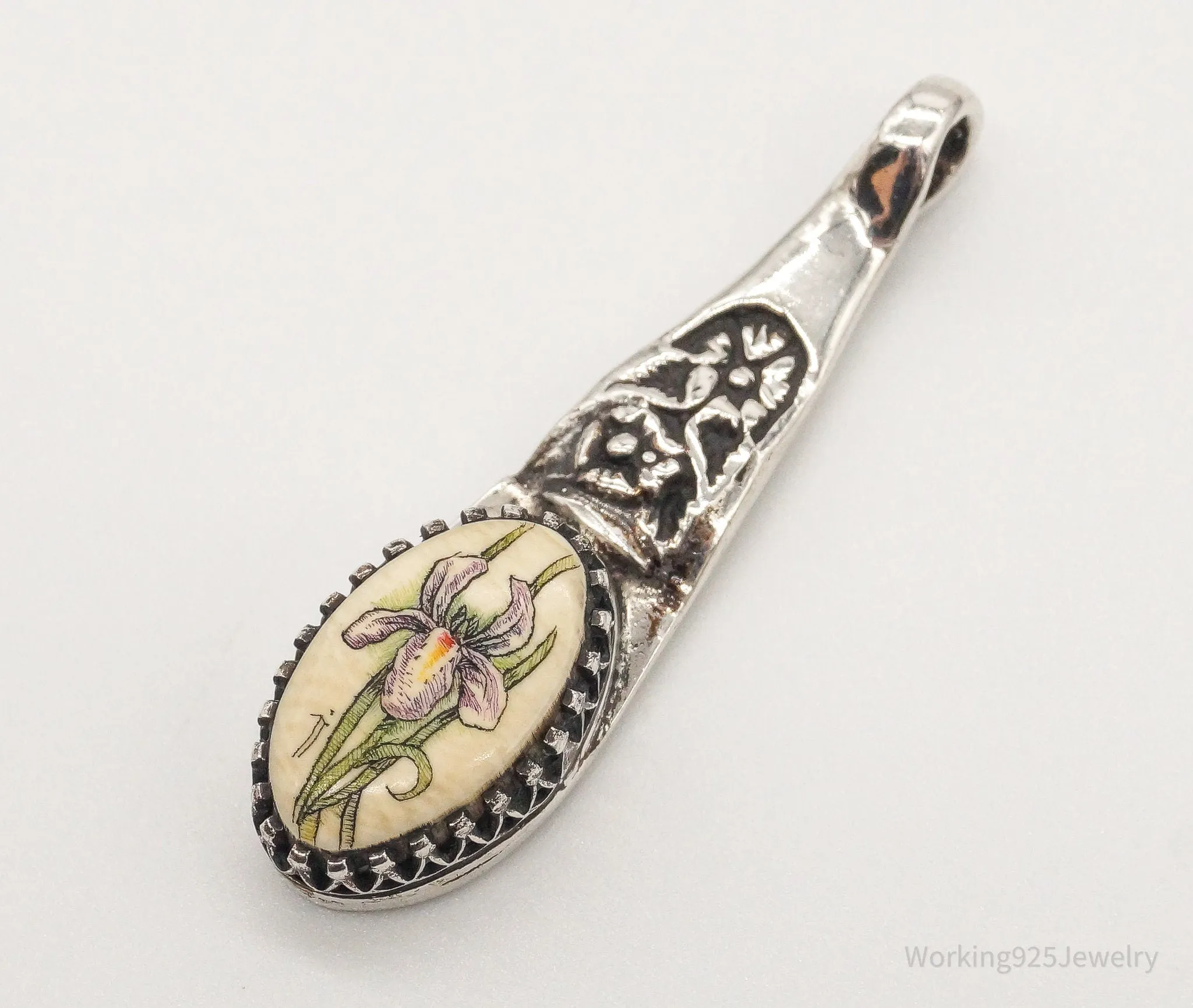 Antique Hand Painted Flower Faux Bone Sterling Silver Pendant