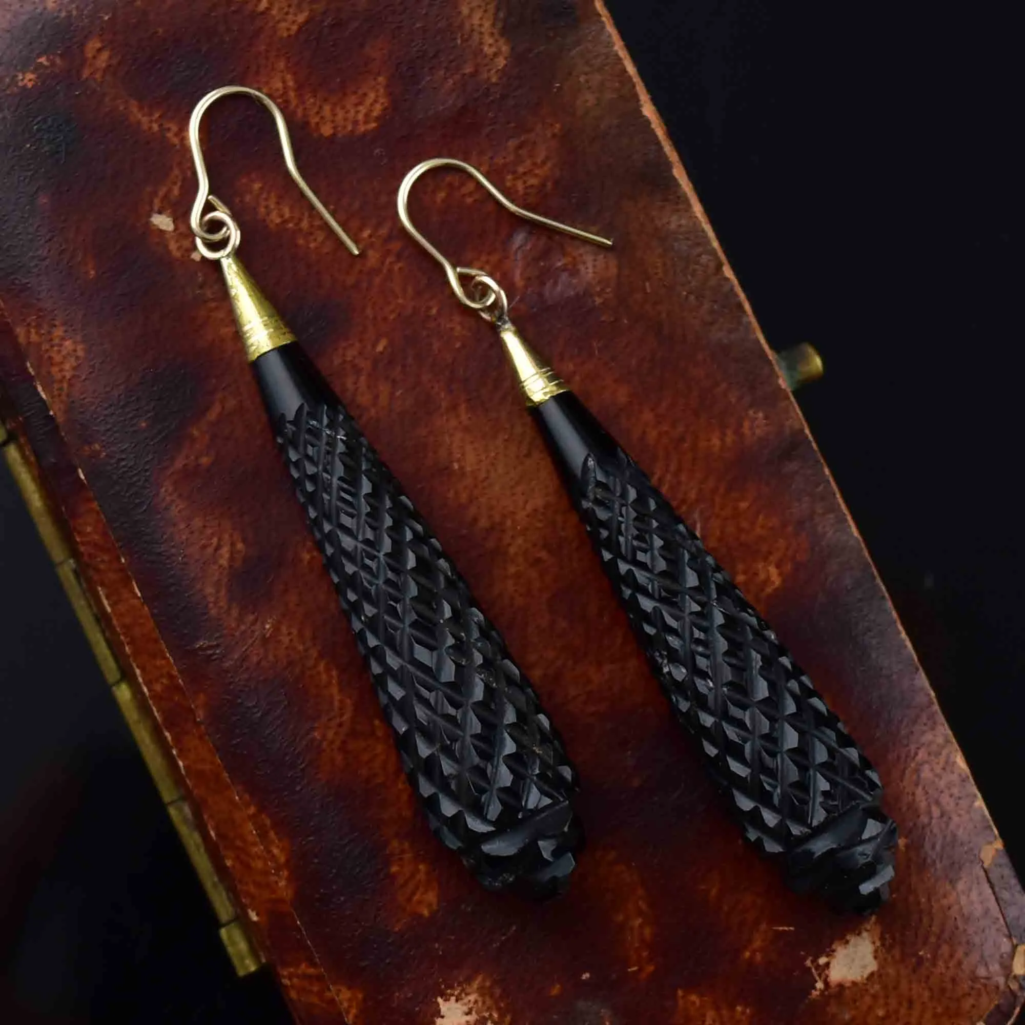 Antique Victorian Gold Carved Whitby Jet Earrings