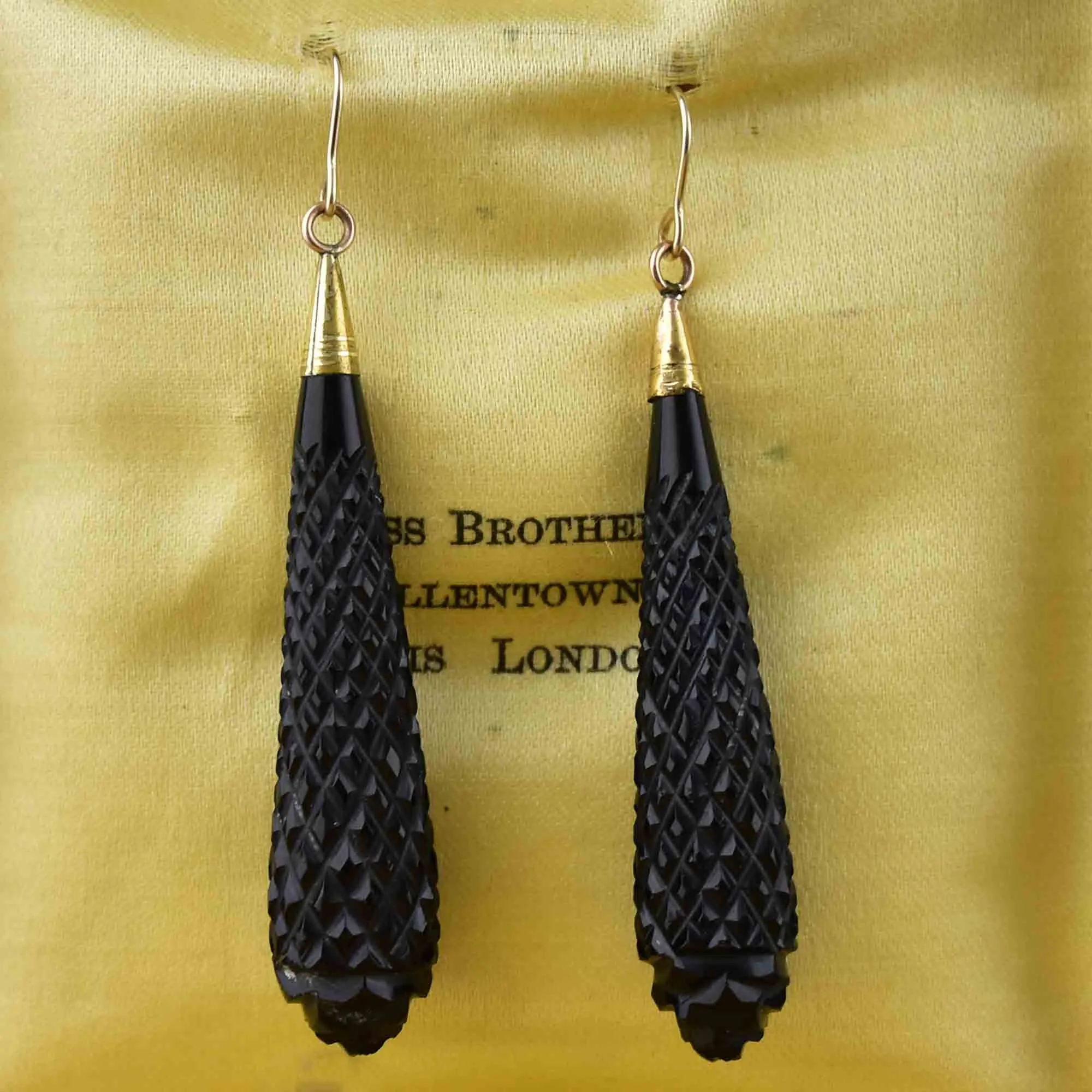 Antique Victorian Gold Carved Whitby Jet Earrings